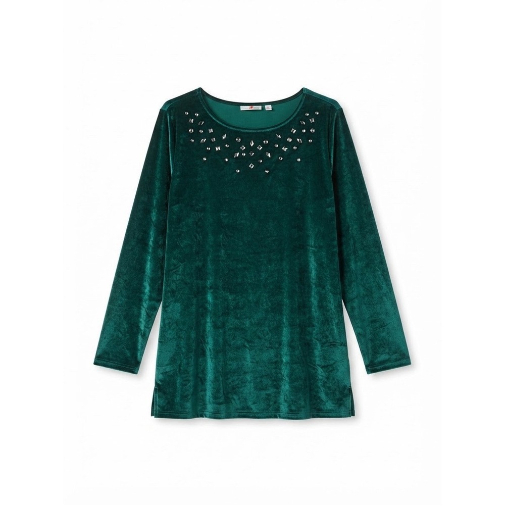 Quacker Factory 2X Blouse Velvet Top Holiday Green Long Sleeve Winter Boho